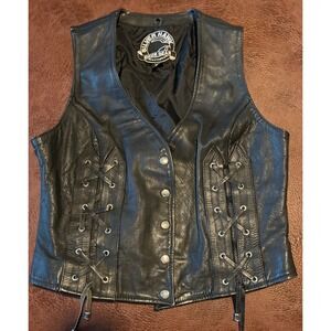 Silver Hawk Womens Black Leather Lace Up Biker Vest Motorcycle XL *FLAW*